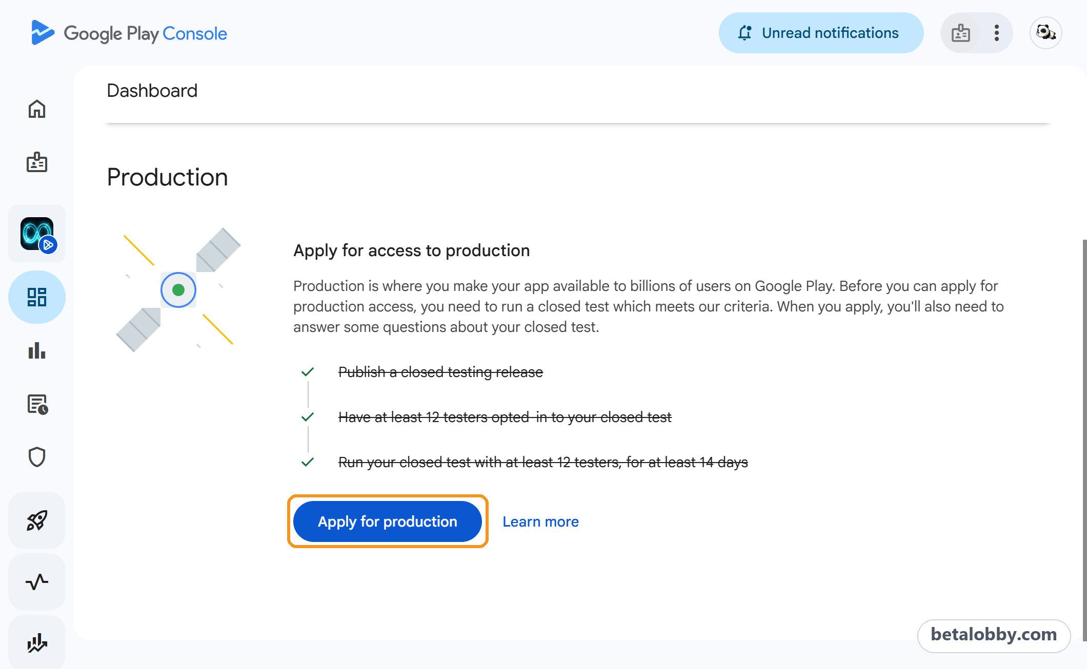 Play Console dashboard: all three requirements met, Apply for production is available