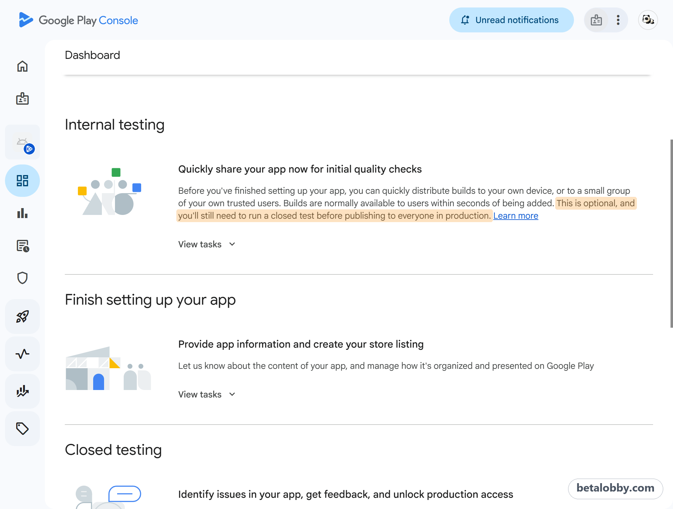 Play Console dashboard, internal testing task: this is optional