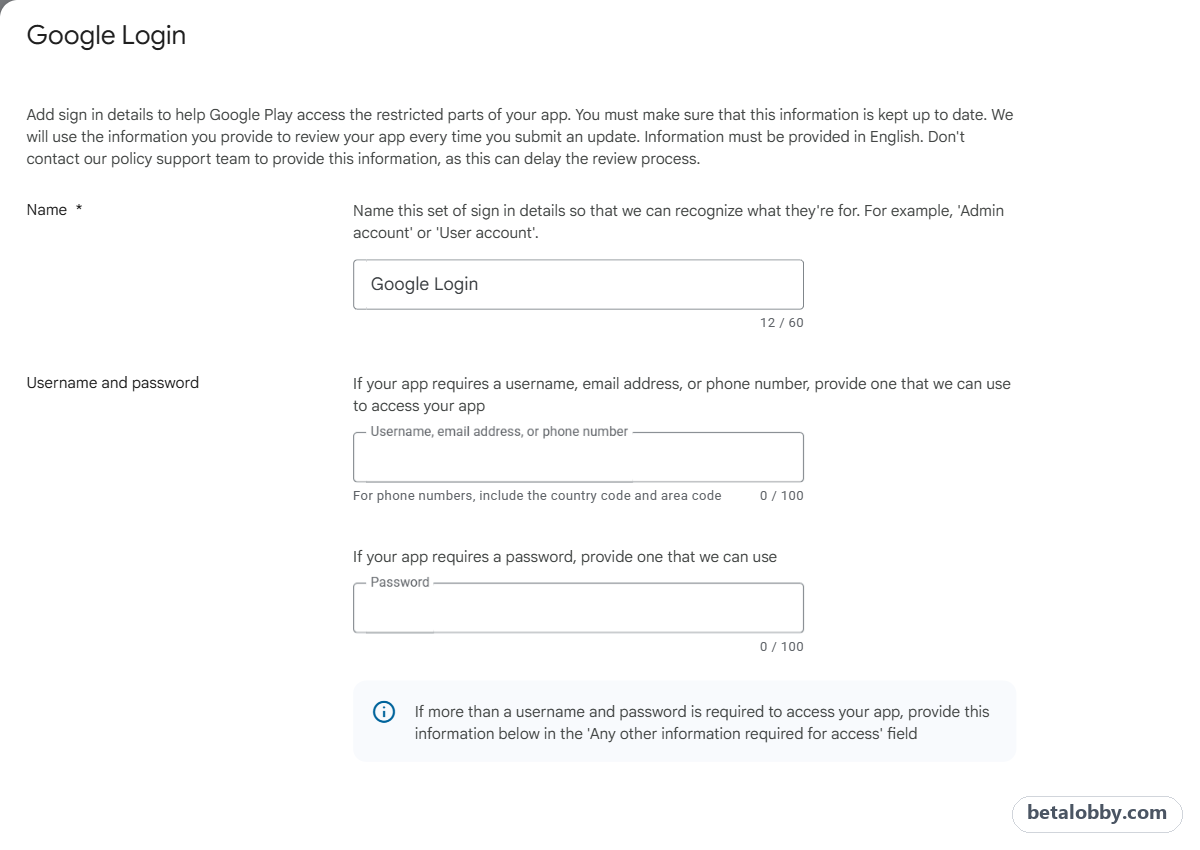 Sign in details form: Name, Username and password