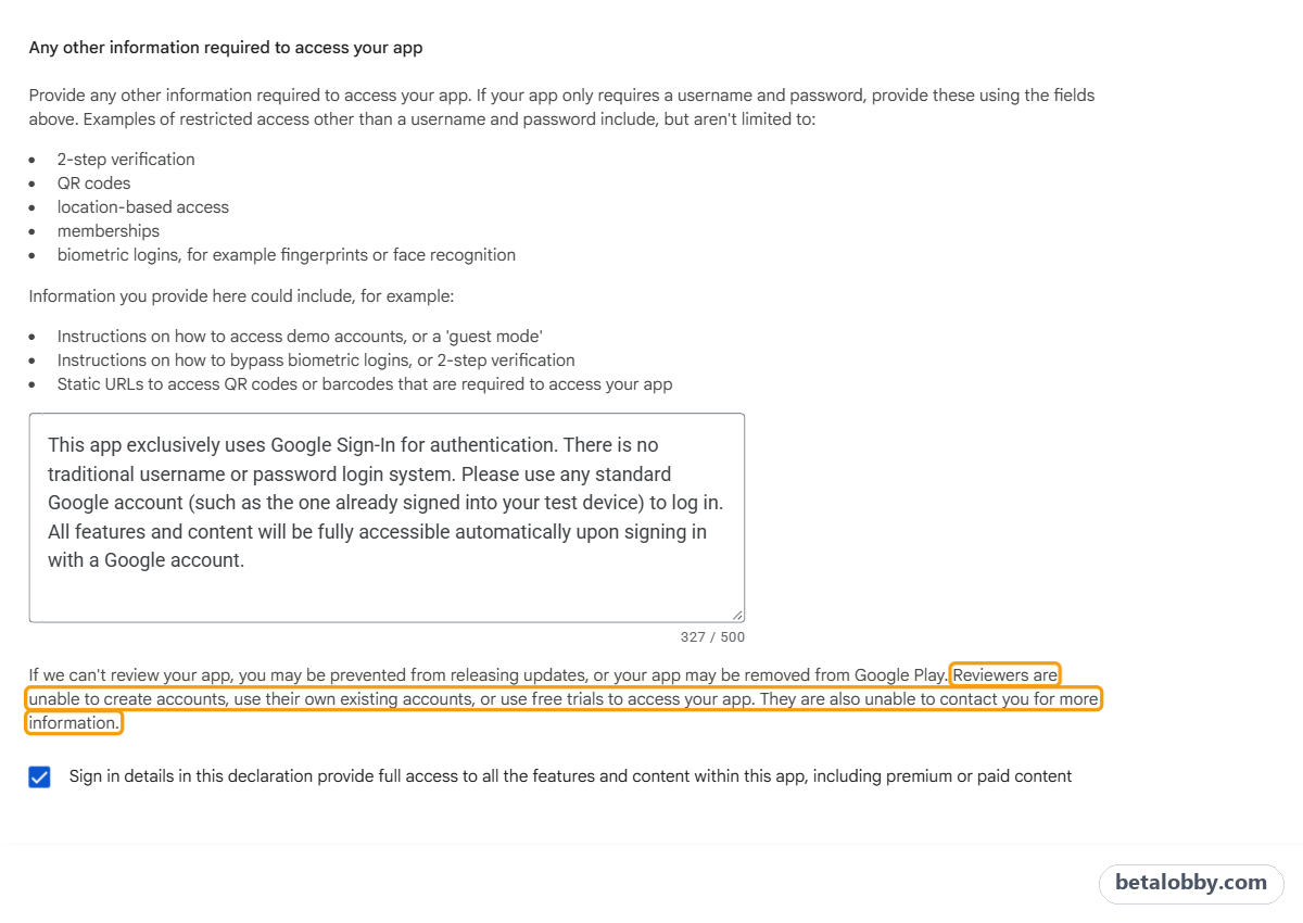 Sign in details form: Any other information required to access your app, and the note that reviewers can't create accounts