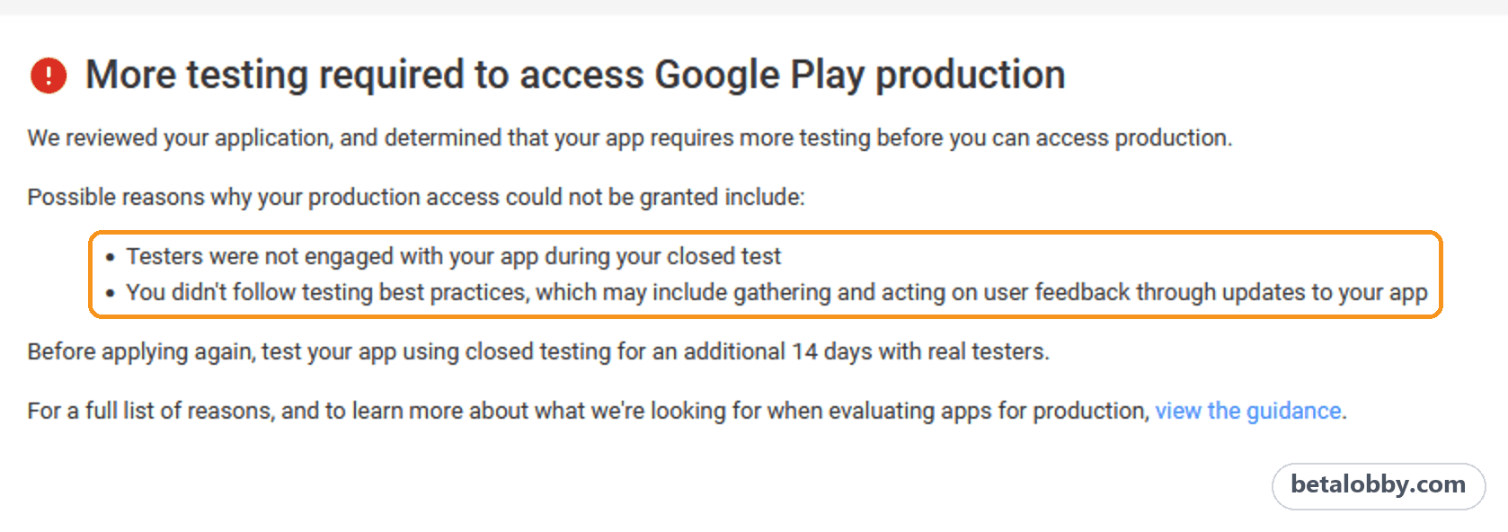 Google Play からのメール（英語）：More testing required to access Google Play production